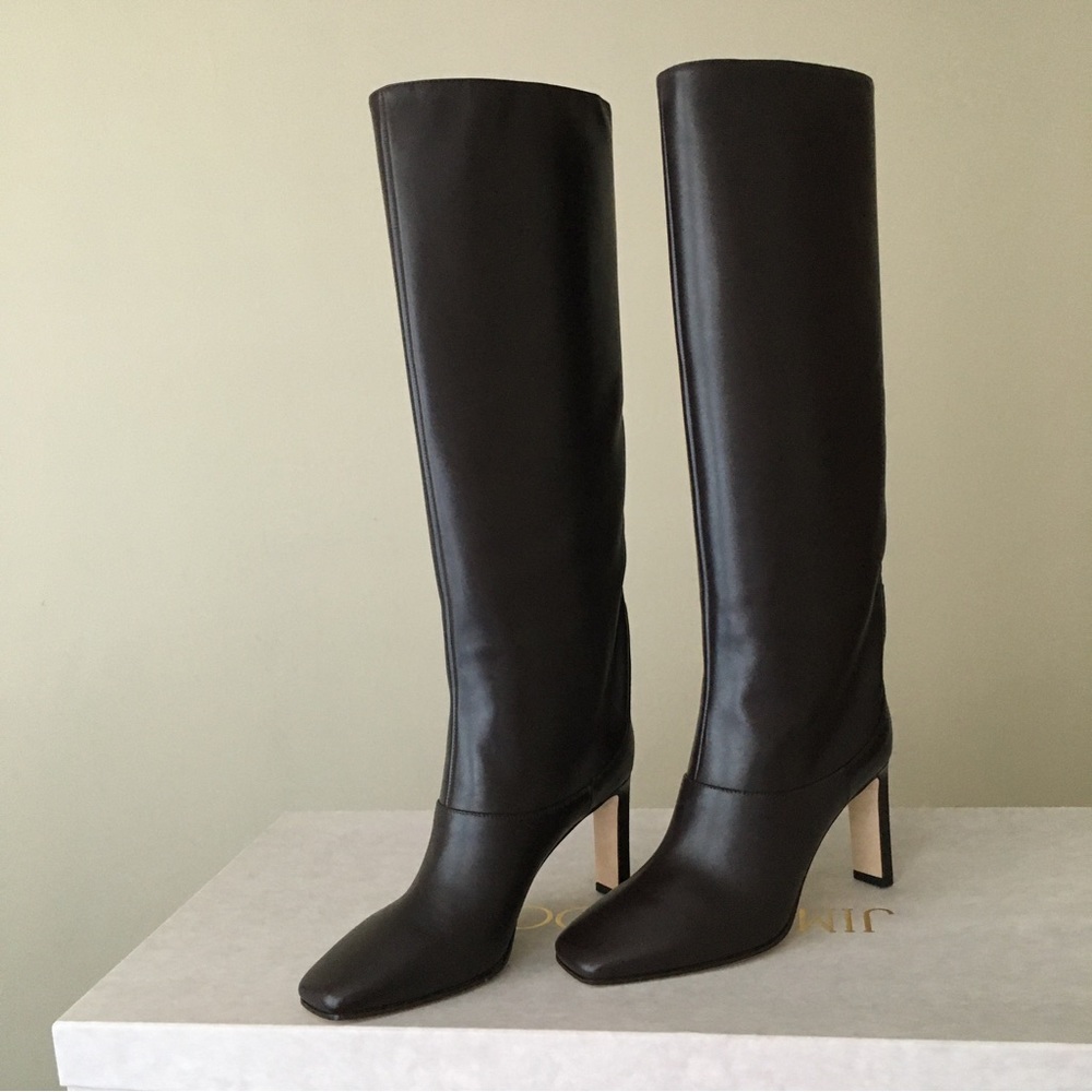 Jimmy Choo MAHESA 85 Square Heel Knee Hight Dark Brown Calf Leather Wome… - Picture 4 of 16